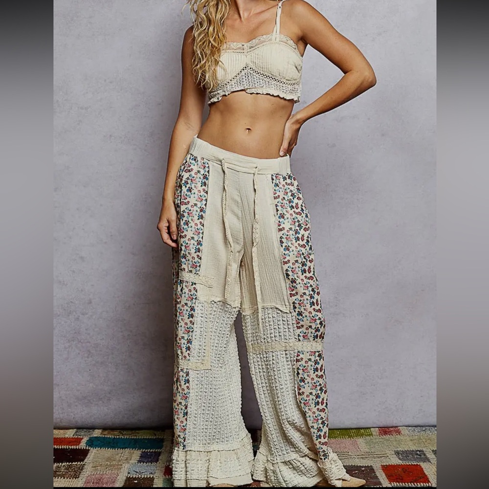 POL- NWT double gauze lace print patch woven ruffle wide leg pants MEDIUM